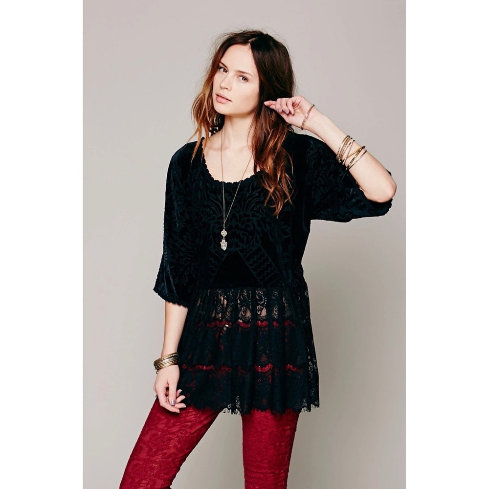 Free People Fortune Teller Black Burnout Velvet Lace Tunic Boho Gothic Romantic